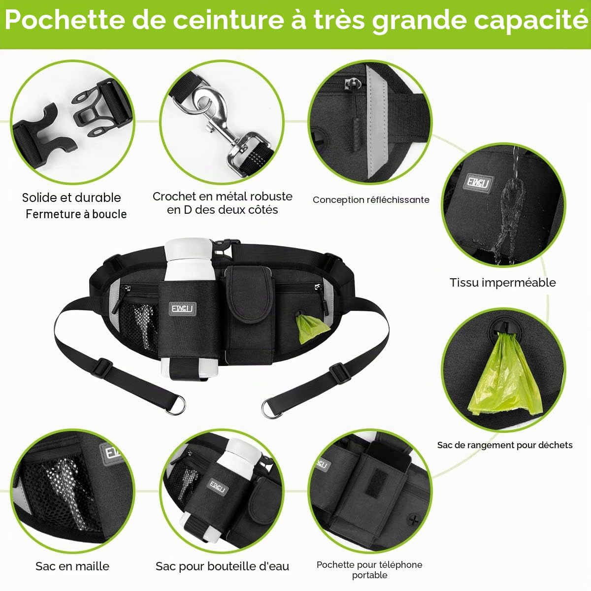 ETACCU Laisse Libres pour 2 Chiens, Poignée de Circulation Robuste, Laisse Canicross Chien, Ceinture Réglable avec pochette, Couture Réfléchissante, Idéal pour Course à Pied et Marche