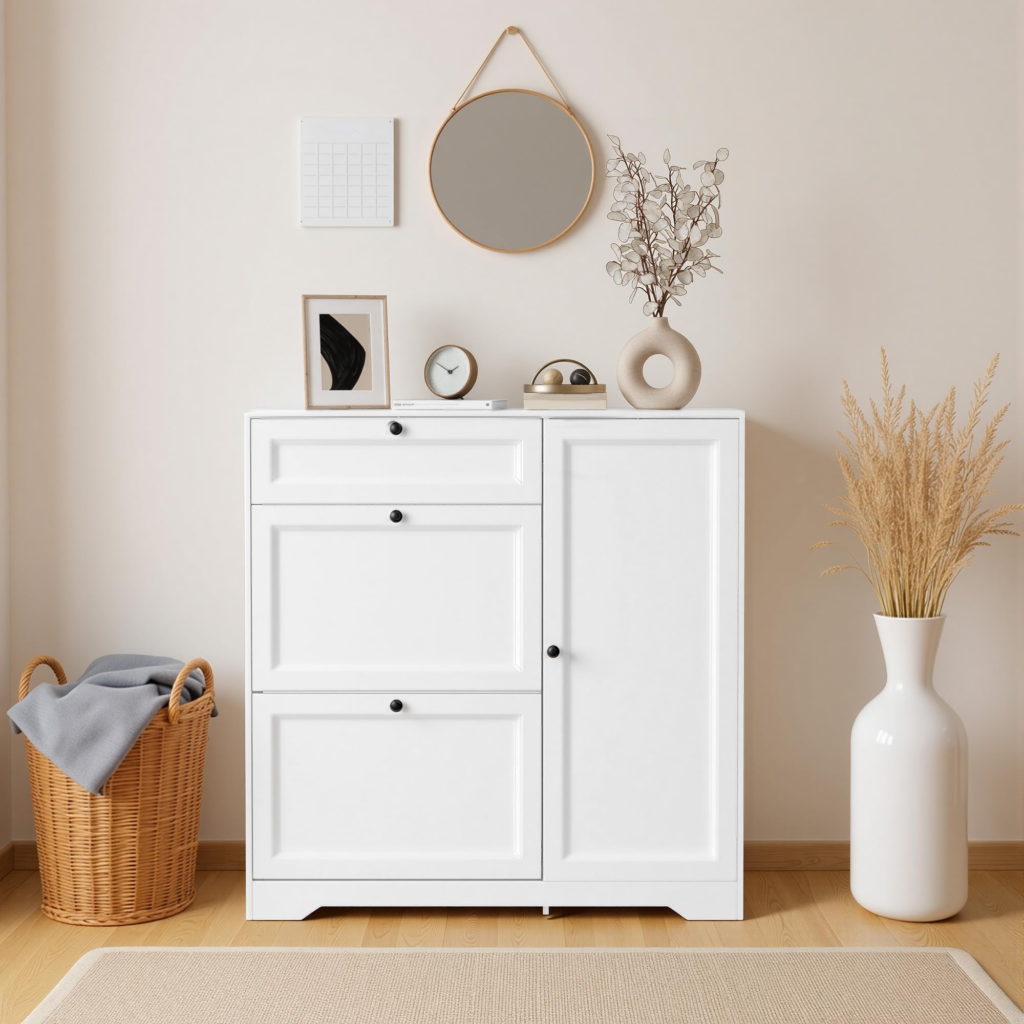 Xbro Zapatero Entrada Recibidor, Mueble Zapatero de Madera con 2 Puertas Abatibles y Armarios, Zapatero Estrecho Entrada Recibidor para Pasillo y Salón, Medidas 100×30×102cm Blanco
