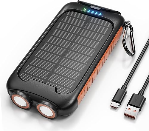 Cargador solar, cargador de teléfono portátil de 38800 mAh con 1 puerto tipo C y 2 puertos USB-A con linterna LED dual integrada, cargador de panel