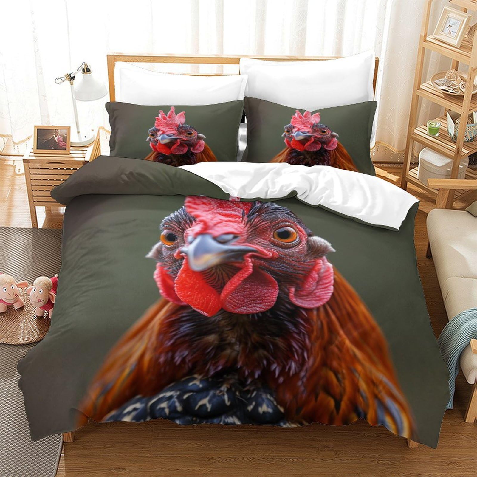 P1s9u7w5y Gallic Rooster Realistic 3D Printed Rooster Duvet Cover Set 3Pcs Microfiber Chicken Bedding Set Double（200X200cm）