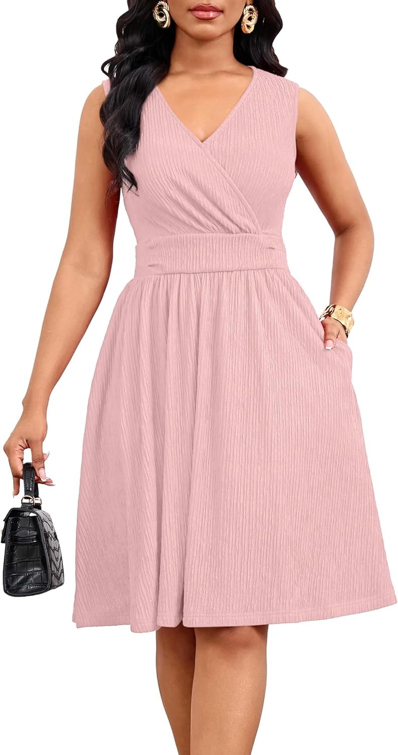 Nmoder Womens Summer Dresses - Sleeveless Wrap Front Vacation Wedding Guest Work Midi Dress with Pockets