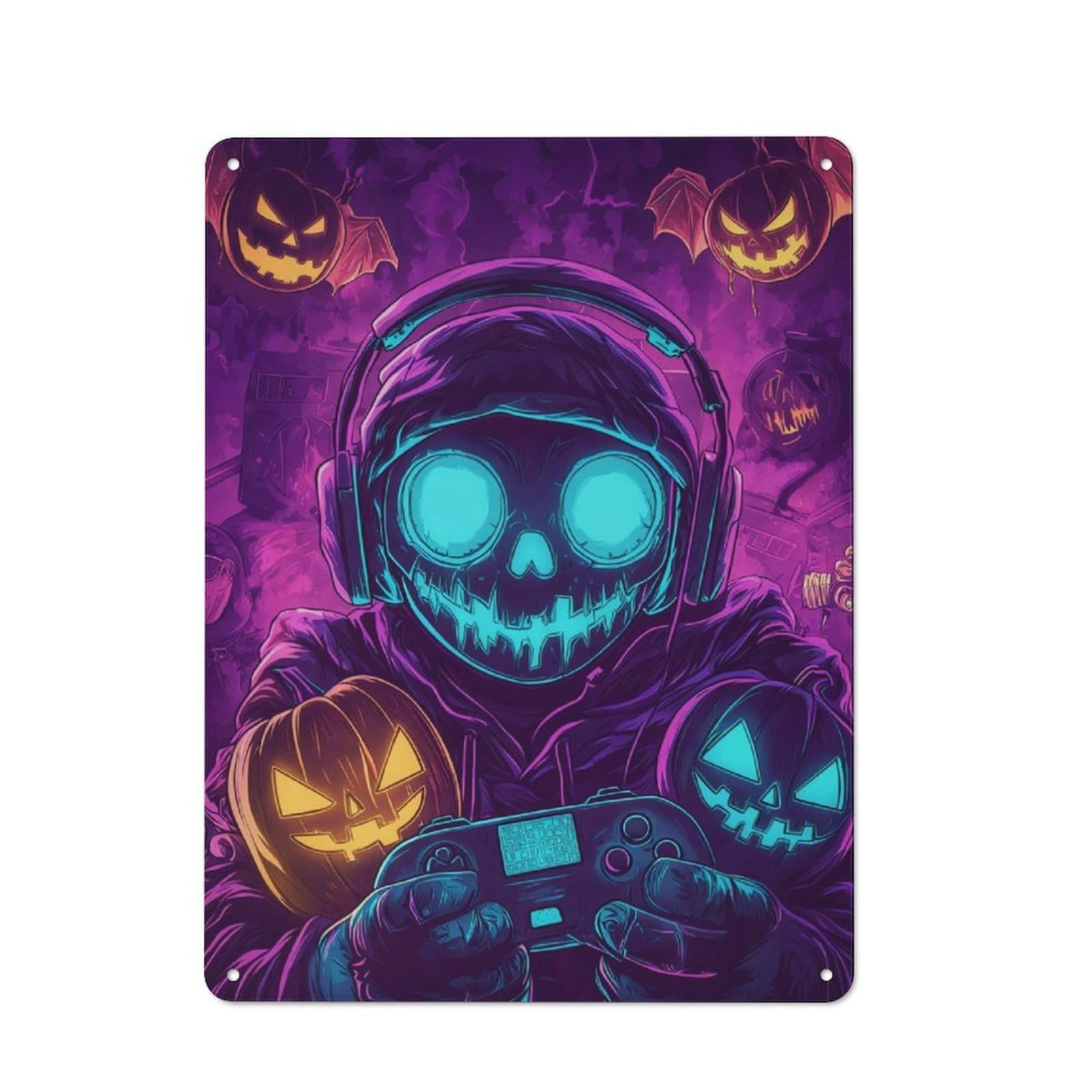Junmoney Halloween Gamer Skull Metal Sign 40X30cm With For Workshop Wall, Rustic Decor, For Garage, Workshop And Man Cave Decoration