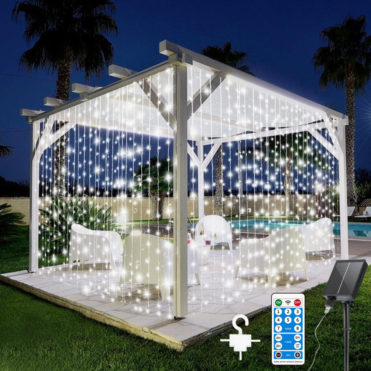 600LED Solar Curtain Lights Waterproof, 20*10FT Solar Christmas String Lights with 8 Mode Remote Control, Upgarde Solar Panel & USB Power Port for Gazebo Wedding Patio Party Indoor Outdoor Decoration
