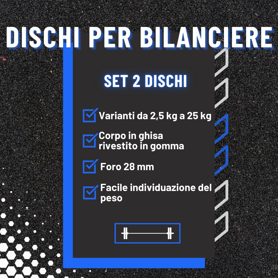 Dischi in ghisa per bilanciere olimpico, 2 Dischi palestra gommati tolleranza +/- 1%, Disco per bilanciere 2-25 kg