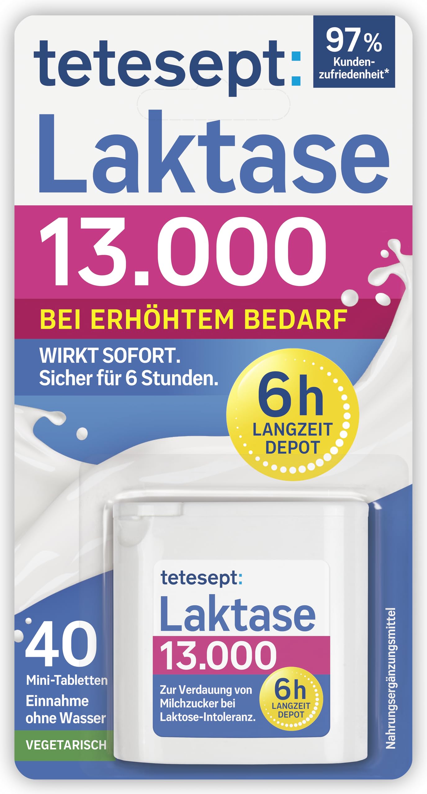 tetesept Laktase 13.000 – 1 Dose à 40 Stück – Laktasetabletten bei Laktoseunverträglichkeit – Nahrungsergänzungsmittel mit Sofortwirkung & 6h Langzeit-Depot