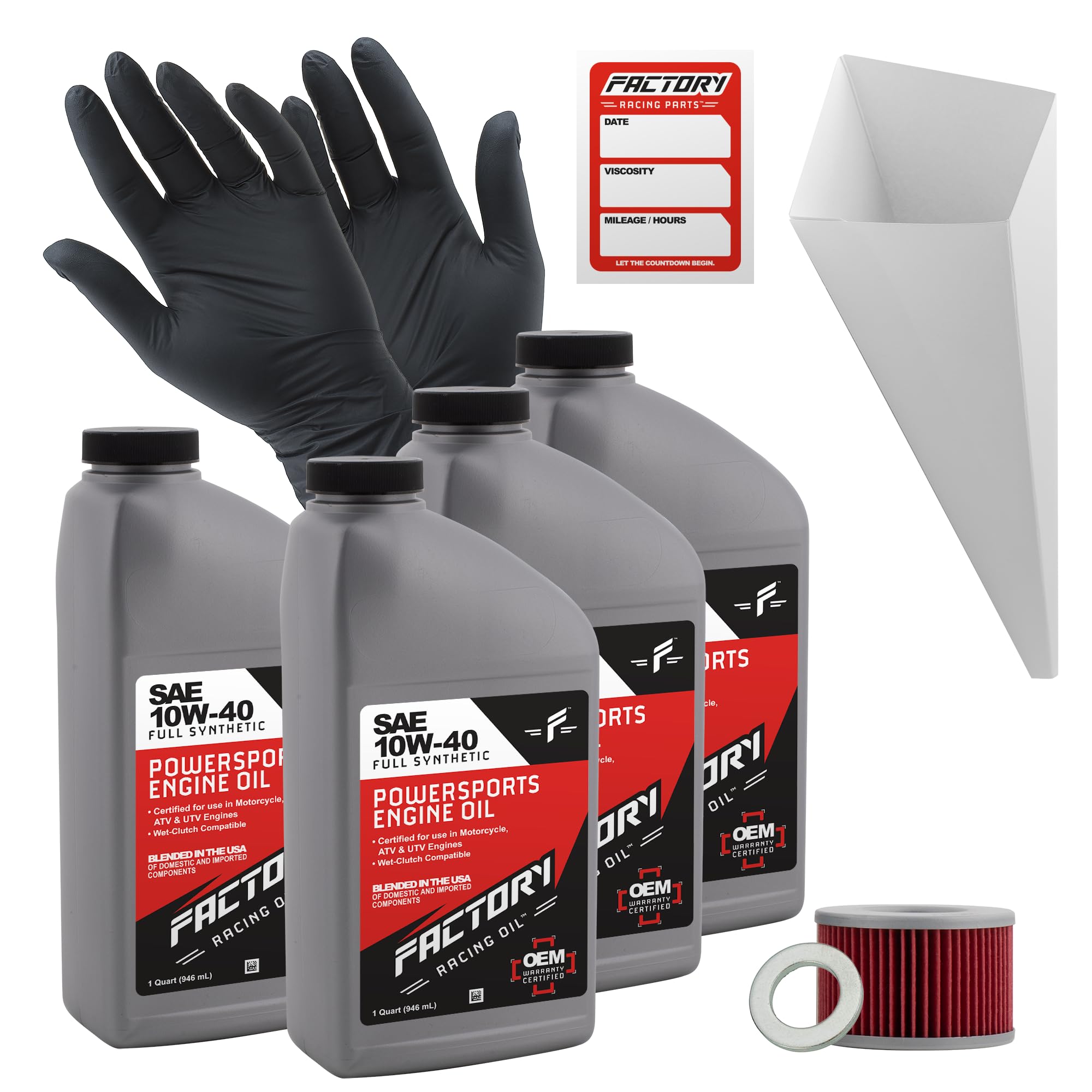 Factory Racing Parts Oil Change Kit compatible with Honda TRX650FA/FGA, TRX680FA/FGA, MUV700 – Includes 4 Quarts of 10W-40 Full Synthetic Oil, 1 Filter, 1 Crush Washer, 1 Funnel, 1 Oil Change Sticker