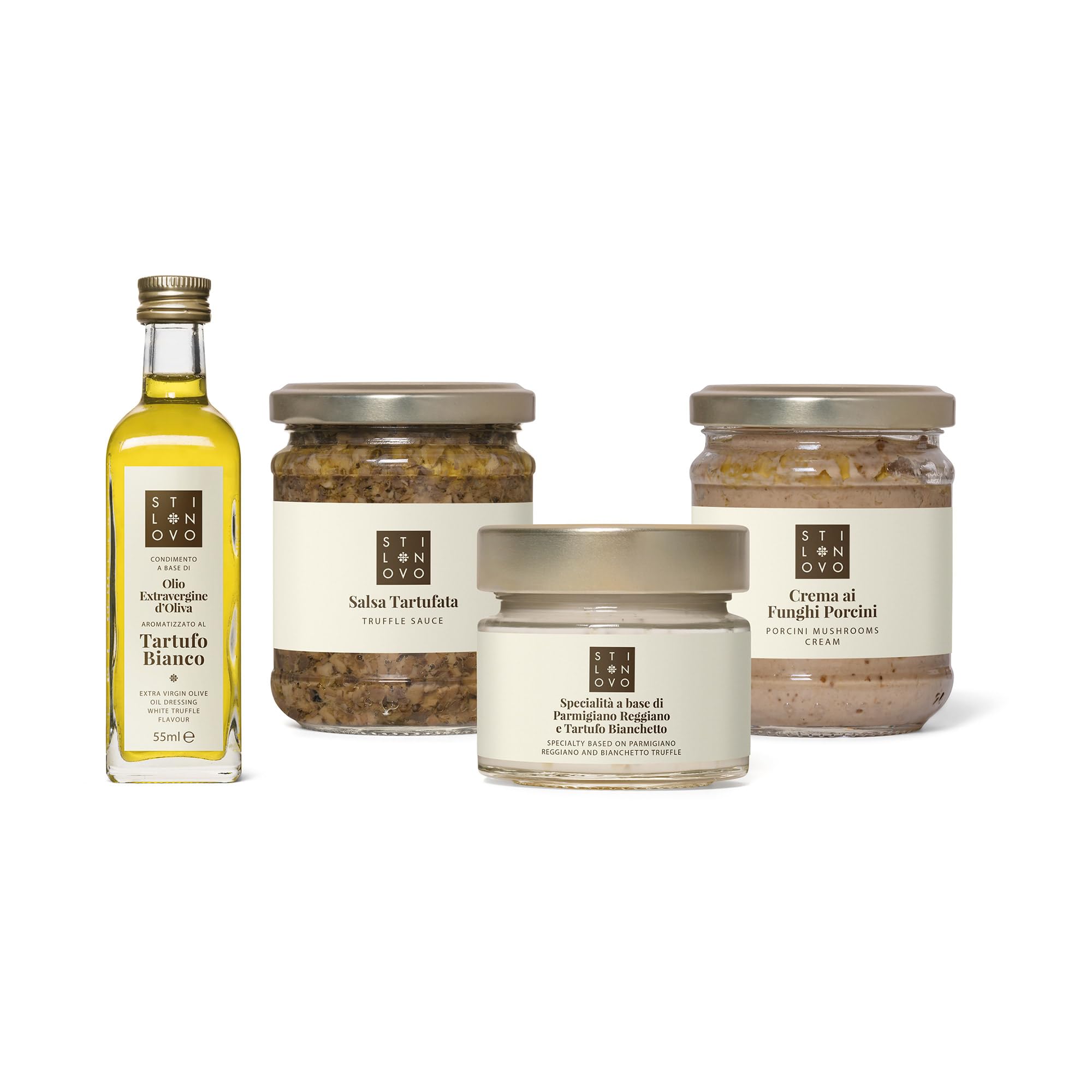 Set degustazione conposto da: Olio Extravergine d' Oliva aromatizzato Tartufo Bianco, Salsa Tartufata, Crema ai Funghi Porcini, Specialità a base di Parmigiano Reggiano e Tartufo Bianchetto