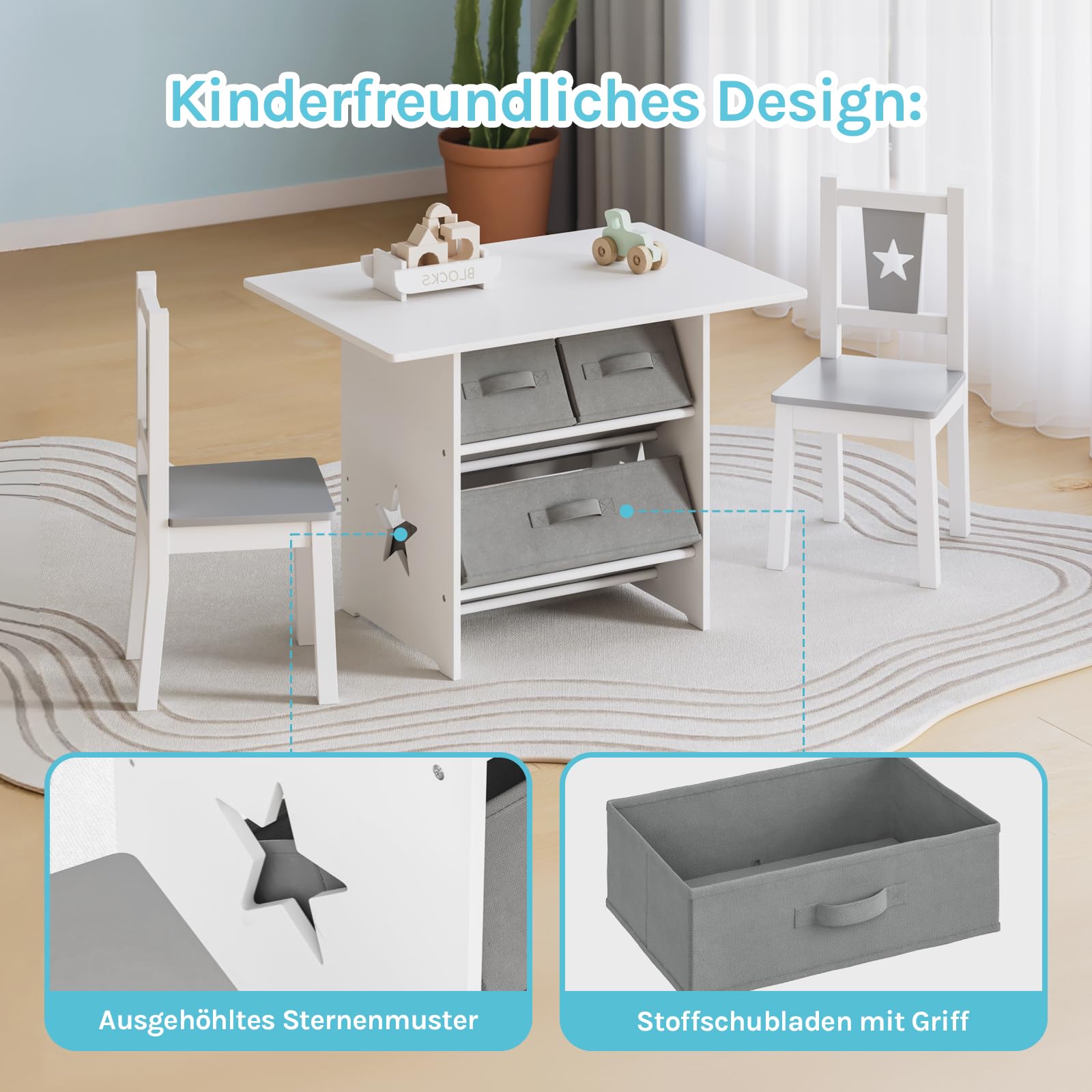 WOLTU Kindersitzgruppe, 1 Kindertisch und 2 Stühle, Kindertisch mit Stauraum, Kindermöbel Set aus Holz, mit 3 Aufbewahrungskörben, Sitzgruppe für Kinder, Grau + Weiß