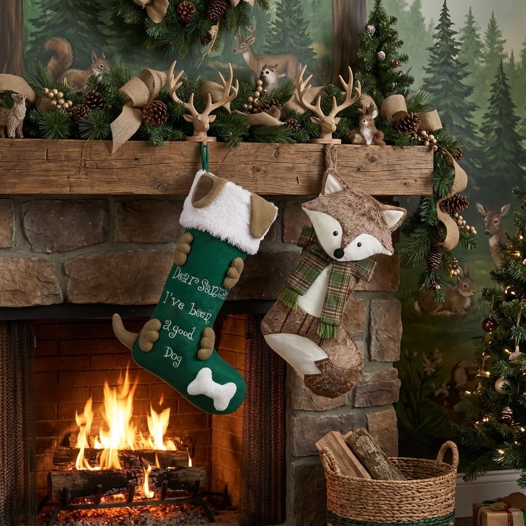 Valery Madelyn Chaussette de Noël en forme de renard de 53,3 cm, mignonne en peluche personnalisée à suspendre pour cheminée, animal domestique, décorations de Noël et cadeaux de Noël