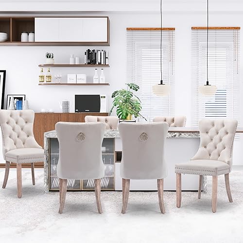 Juego de 6 sillas de comedor de terciopelo, sillas de comedor tapizadas acolchadas con ribete de tachuelas y patas de madera maciza para cocina,