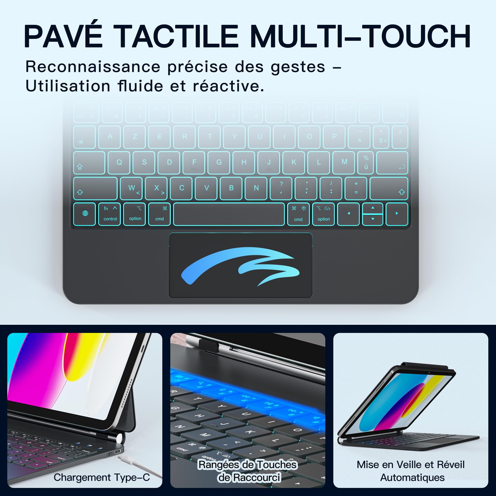 RAYMCRAFT Coque Clavier pour iPad (A16) 11e/10e Génération, Magic Keyboard pour iPad A16 2025/10e 10.9 Pouces, Rétroéclairage 11 Couleurs, Support Magnétique, Smart Trackpad, Boucle pour Stylet, Noir