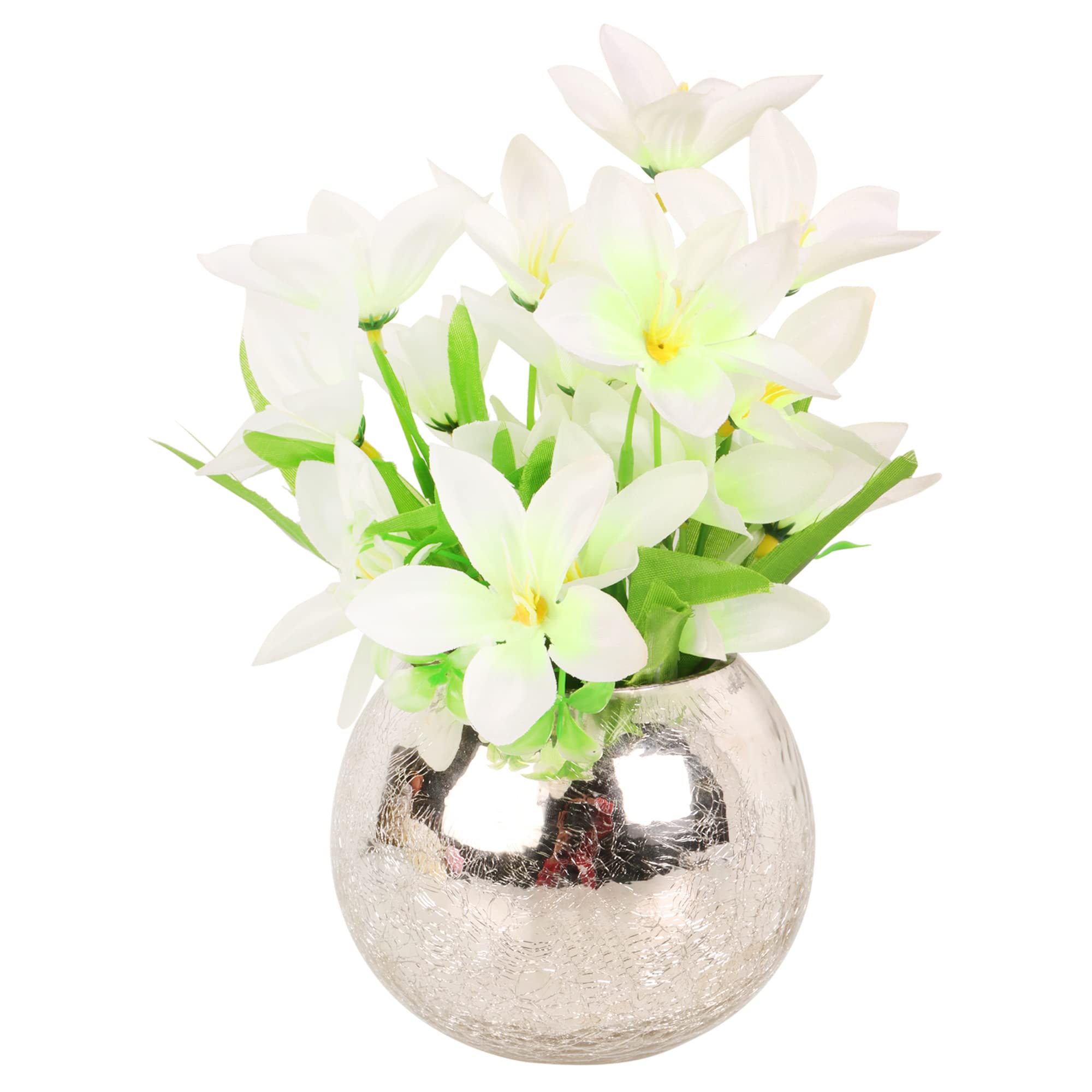 BS AMORFancy Artificial Flowers Bouquet Home Wedding Decoration 'Living Room' Dining Table Decor Vase Bunch Vibrant Colors, Silver le vas and White Lilly Bunch