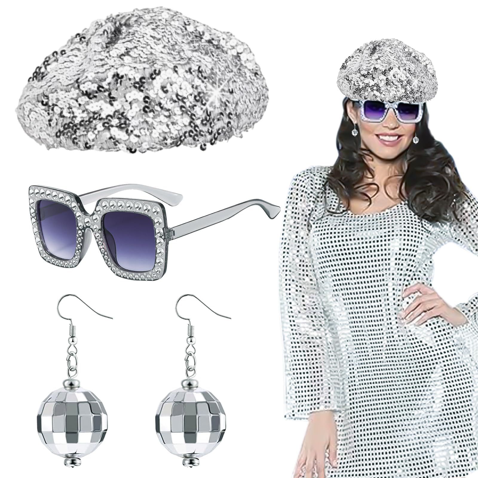 Kit 4 Accessoires Disco Années 70 – Collier, Bracelet, Boucles Boule Disco & Lunettes Strass Carrées