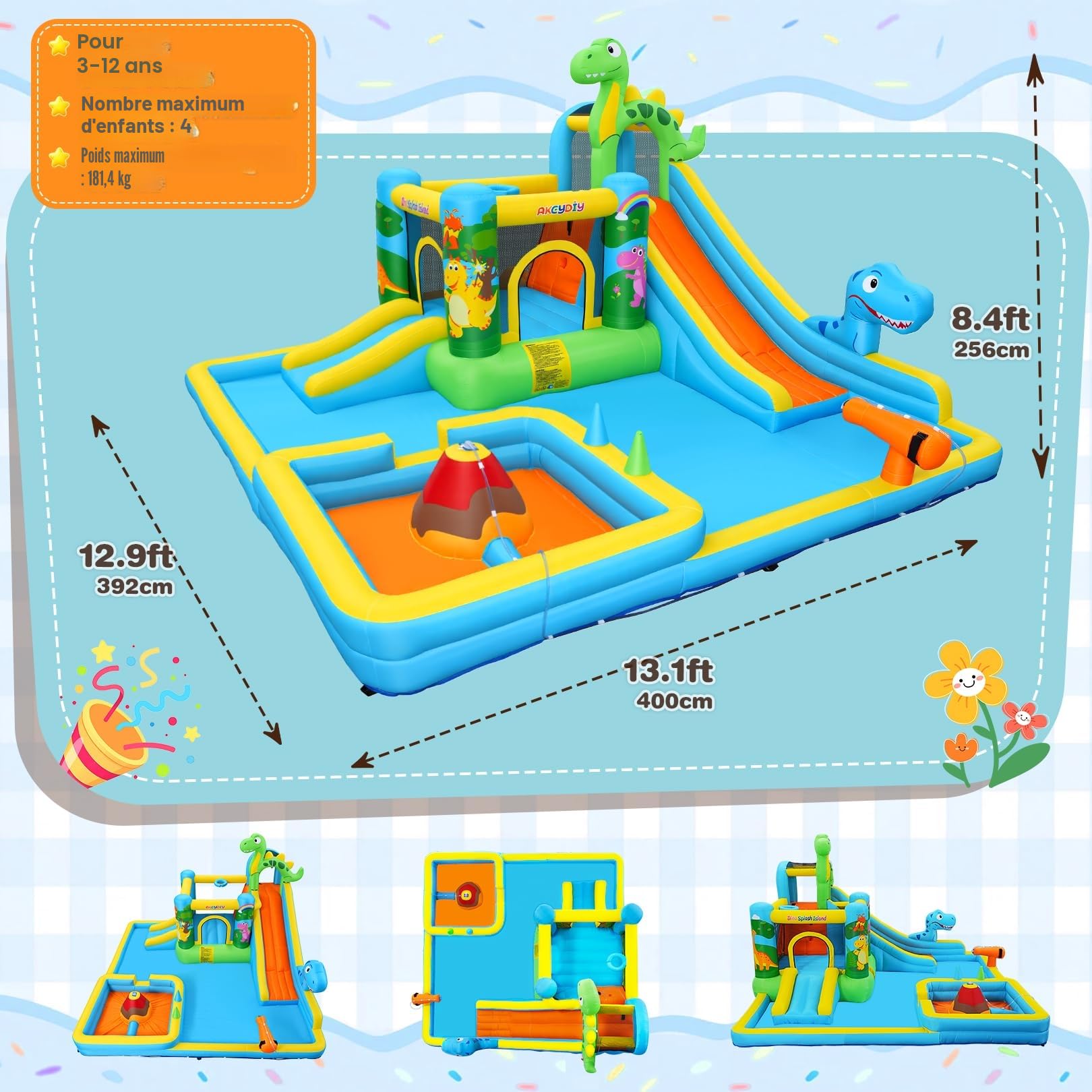 Toboggan Aquatique Gonflable avec Ventilateur pour Enfants de 3 Ans et Plus - Château Gonflable Toboggan Sec/Eau - Parc Aquatique Dinosaure avec 2 toboggans - Pataugeoire et Piscine