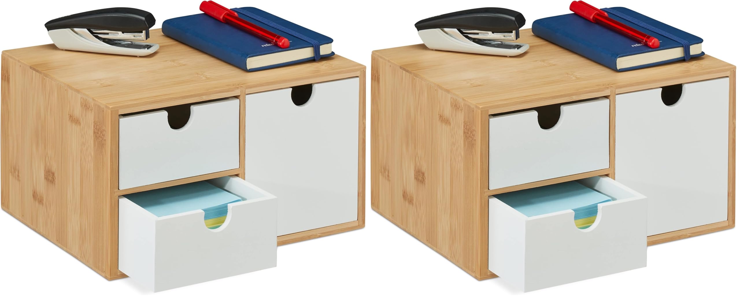 Relaxdays Schubladenbox, Bambus & MDF, Mini Kommode 3 Schubladen, HBT: 14,5x25x20 cm, Schreibtisch Organizer, Natur/weiß (Packung mit 2)