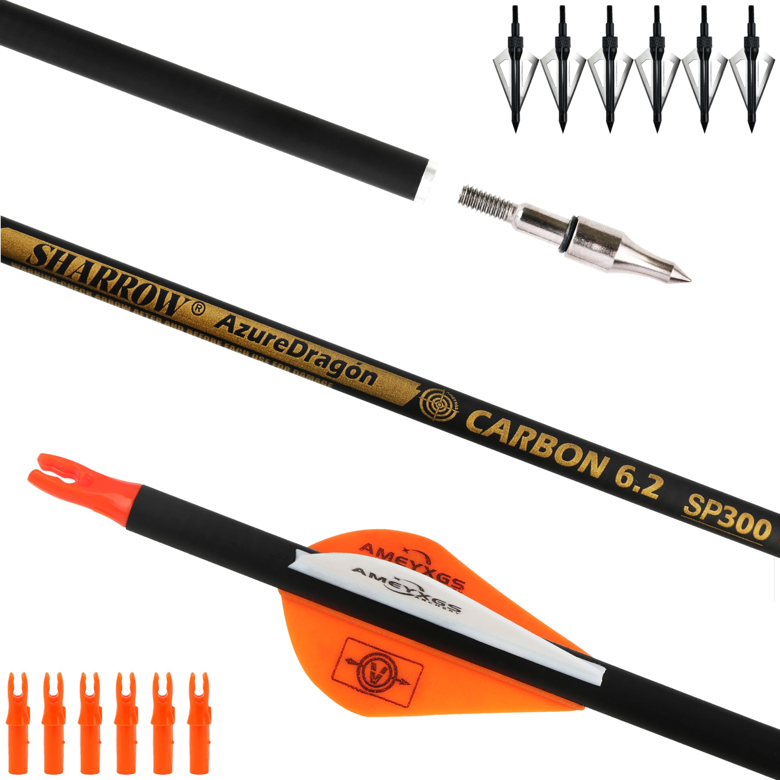 AMEYXGS 30" Reine Carbonpfeile Jagdpfeile 12Pcs - mit 100 Grain Spitzen, 2 Zoll Gummi Pfeilfedern fur Compound & Recurve Bogen Outdoor Jagd‌ mit Zubehörtasche‌