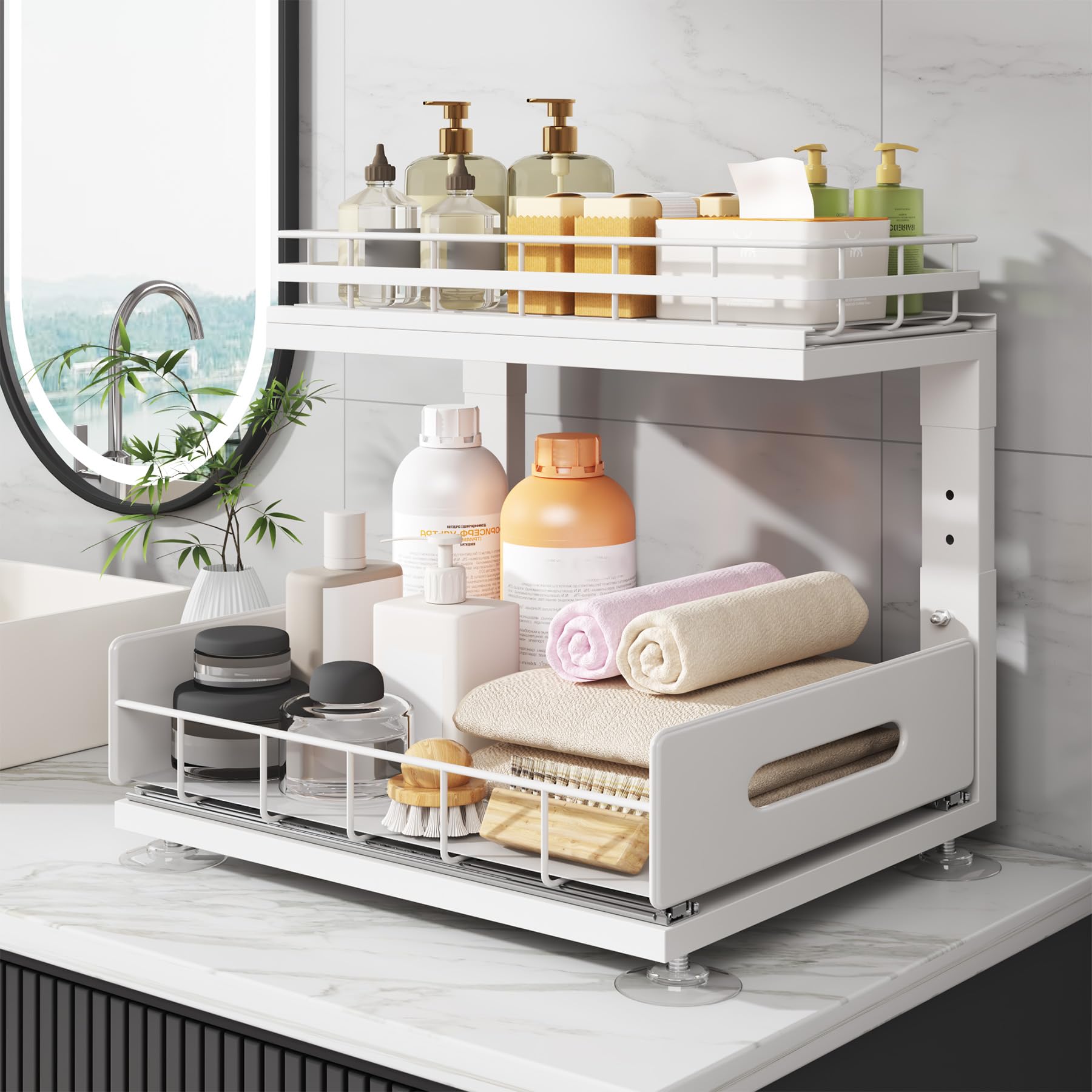 Organizador para debajo del fregadero actualizado a rieles profesionales, almacenamiento de gabinete extraíble doble de 2 niveles, cajones deslizantes de altura ajustable para baño y cocina