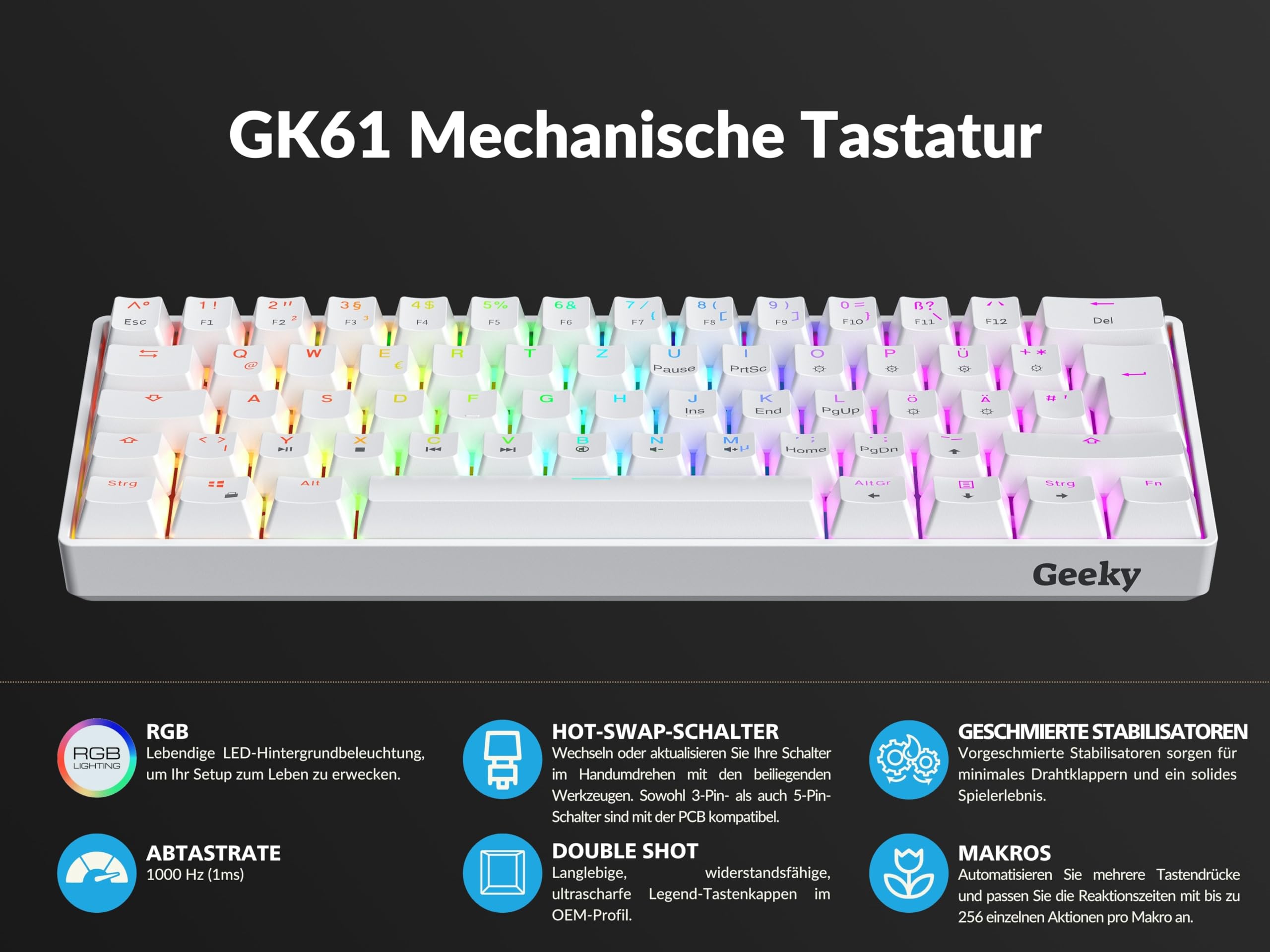 Geeky GK61 60% | Hot Swappable Mechaniczna Klawiatura Gamingowa | 62 Klawiszy Wielokolorowe RGB LED Podświetlenie dla Graczy na PC/Mac | ISO DE Qwertz Klawiatura Niemiecka (Biały, Mechanical Red)