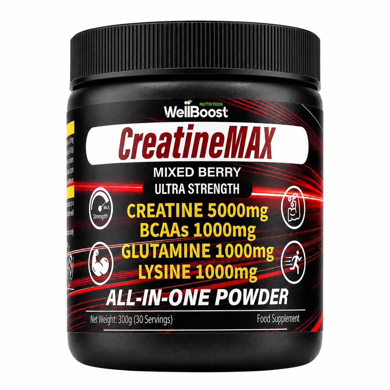 WellBoost Creatina em pó, creatina monohidratada 5000 mg e BCAAs 1000 mg por porção, glutamina e lisina, 300 g