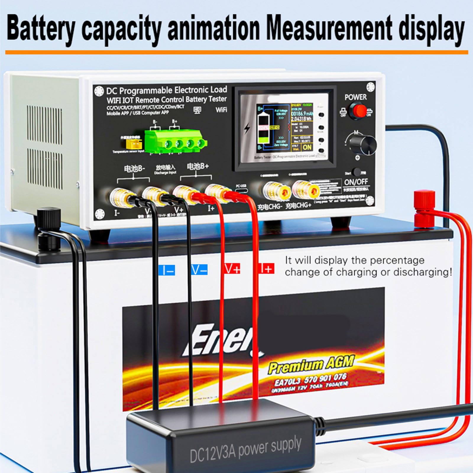 Monitor de capacidad de batería Medidor de carga electrónico de precisión con pantalla para batería de litio y ácido Probador de carga electrónico programable WiFi para prueba de capacidad de
