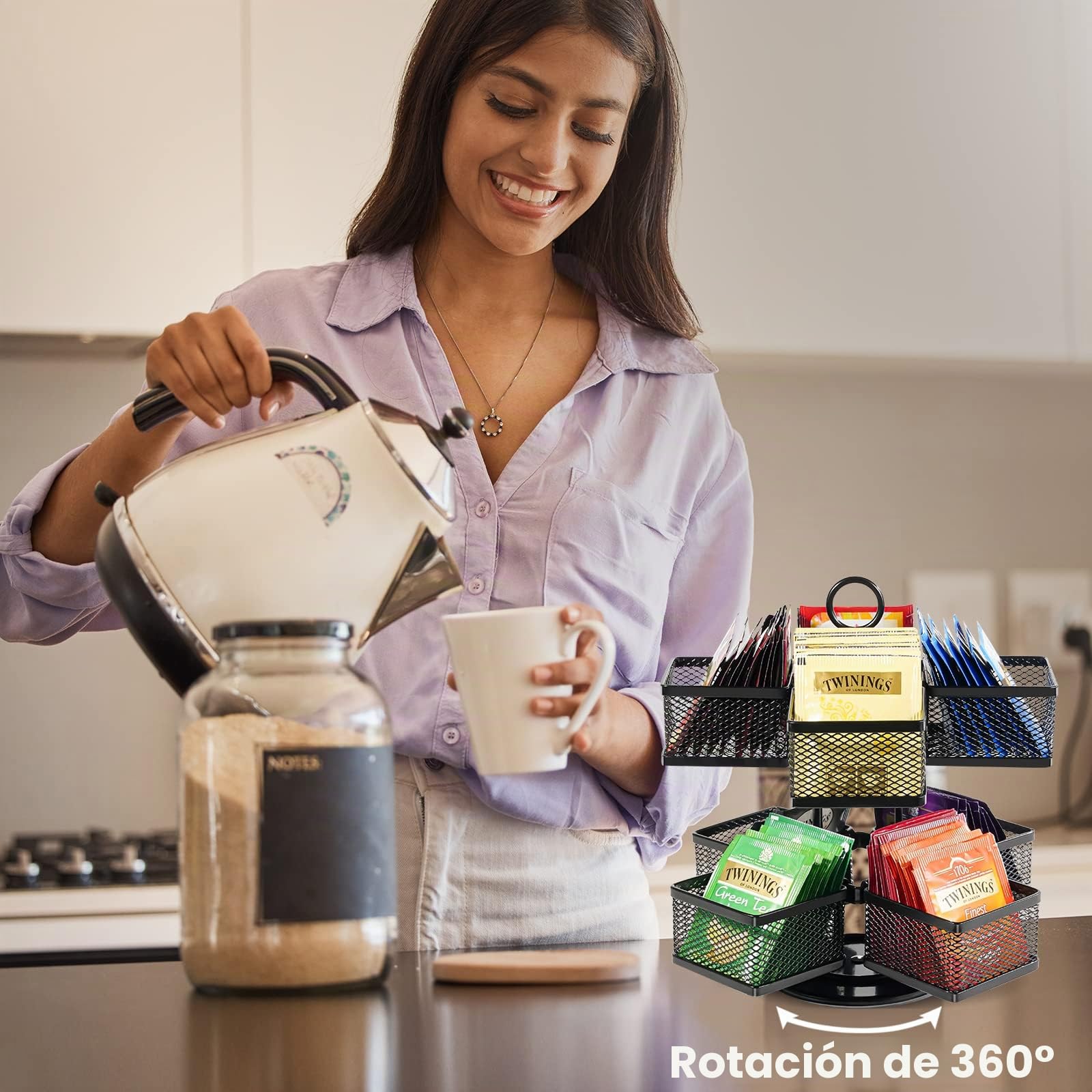 Puricon Organizador de Té, Estante Giratorio 8 Compartimentos para Almacenar Bolsitas de Té e Infusiones de Acero -Negro