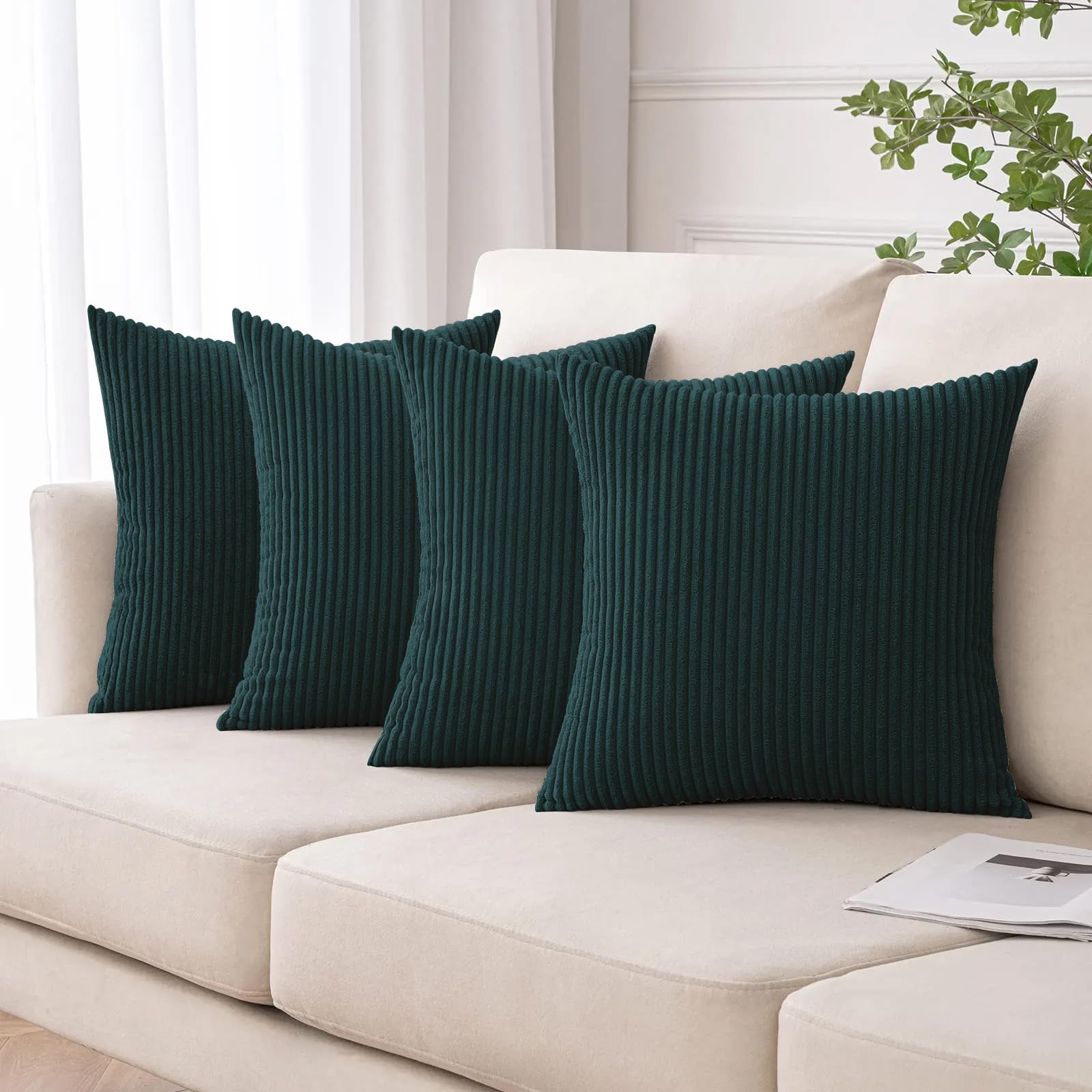 Moonlight Bedding Teal Corduroy Cushions With Covers Included Pack Of 4 (4 Covers, 4 Inserts) 45 X 45 Cm Decorative Stripe Throw Pillow Cases With Invisible Zipper For Living Room Bed Sofa