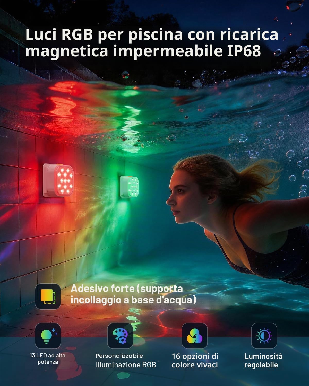 SoulBay Luce Piscina Subacquea 4 pezzi, LED Lampada Piscina Magnetica Ricaricabile Impermeabile Telecomando 16 Colori 6 Modalità RGB, Spot Piscina Decorazioni per Piscina, Spa, Bagno, Acquario e