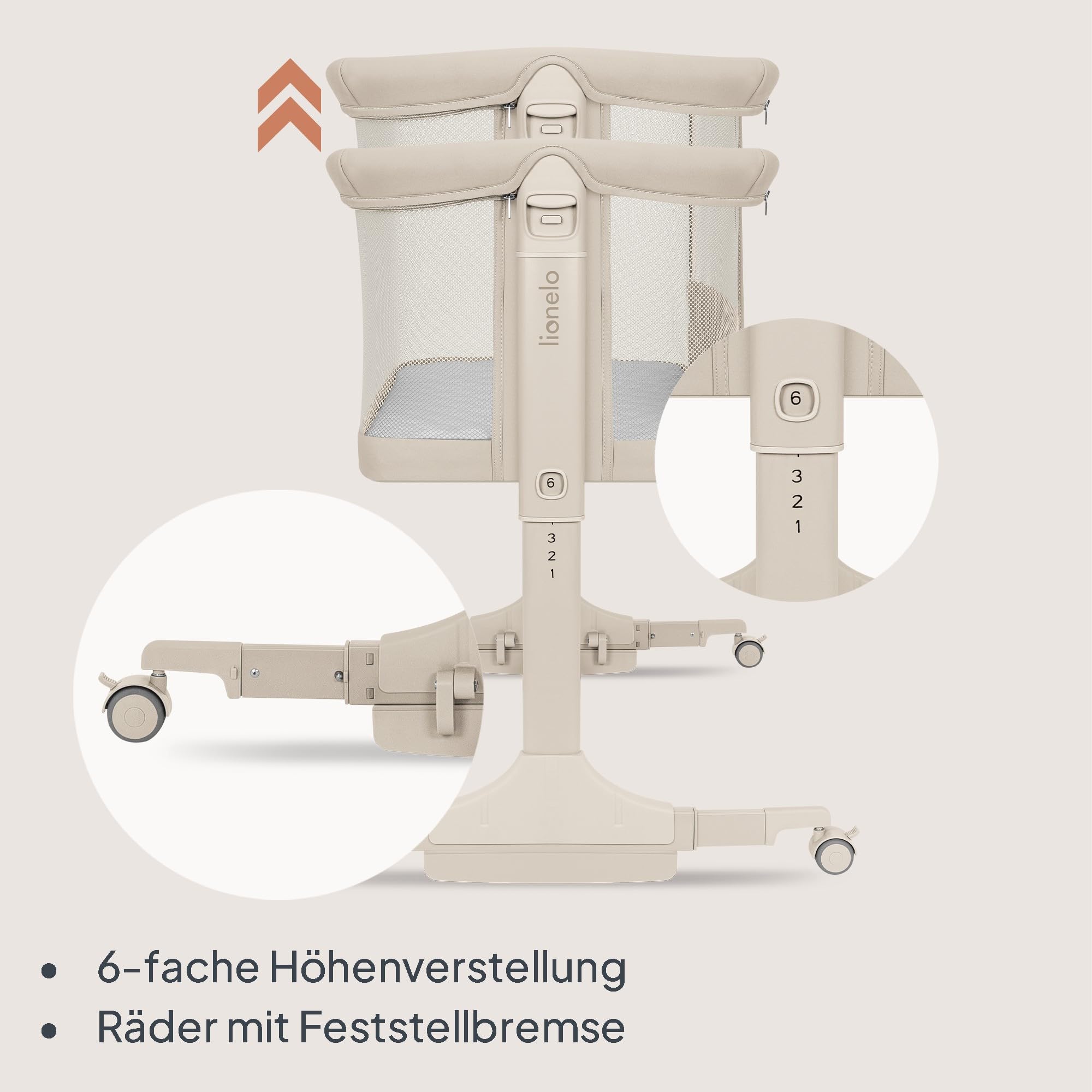 Lionelo Pari Beistellbett 3in1, 6-Fach höhenverstellbar, Neigungsverstellung, Boxspringbett, Wiege, Babybett, Netzseiten, Rollen mit Bremse, Matratze, 84 x 48 cm