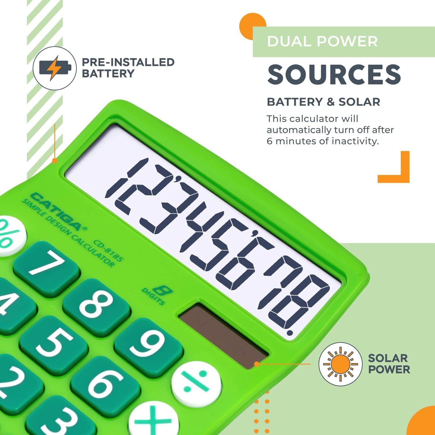 Close-up of the CATIGA CD-8185 calculator showing the solar panel and the text 'DUAL POWER SOURCES BATTERY & SOLAR'.