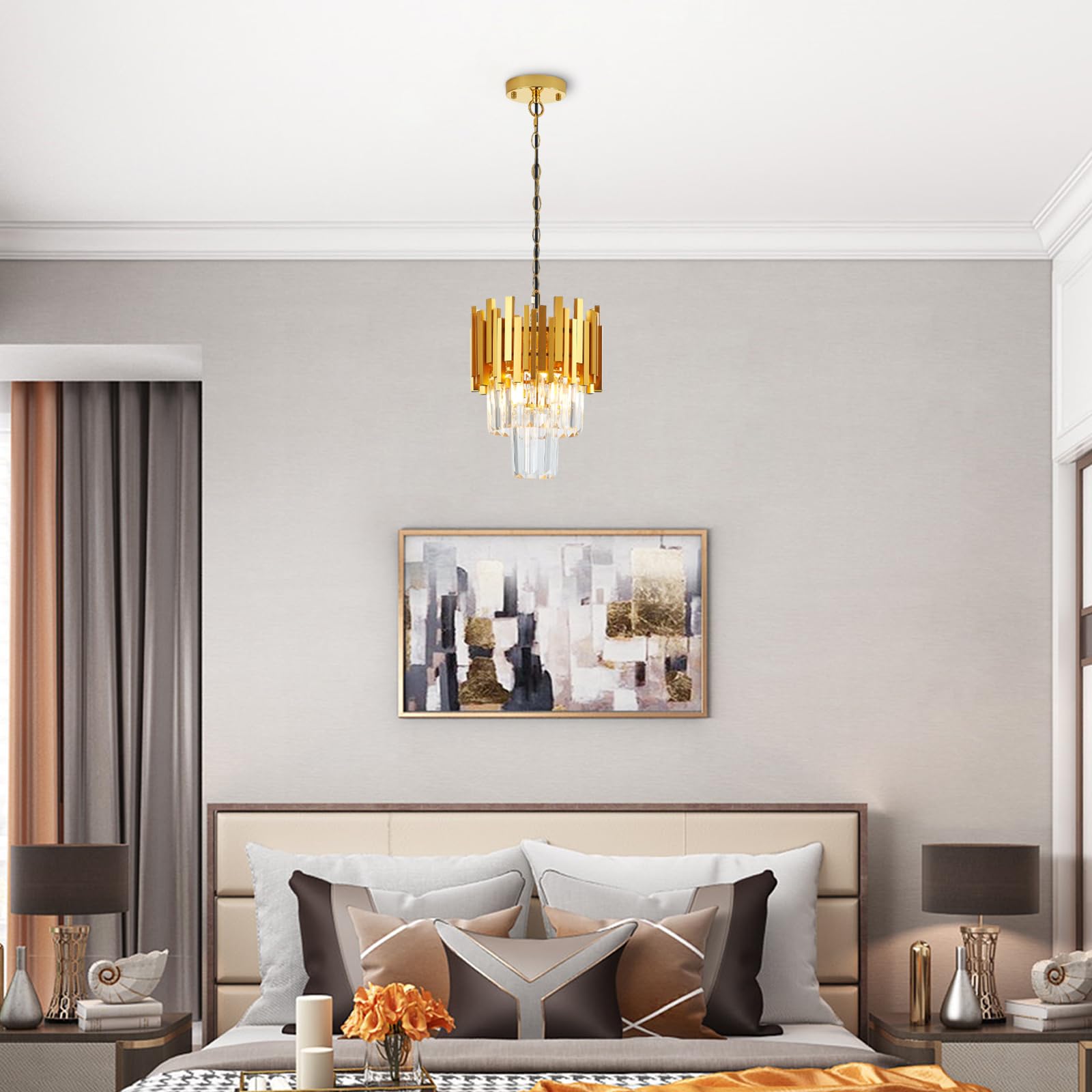 Modern Mini Gold Crystal Chandelier Vintage Modern 9.1" Crystal Golden Chandelier Light Fixture Small 3-Lights Crystal Chandelier for Dining Room, Kitchen Island, Bedroom, Entryway, E12