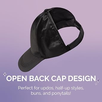 Curl Keeper Badazz Backless Curl Cap, Satin Black - Open-Back Ponytail Hat Designed for Curly Hair - Flexible Cap Perfect for Natural Curly Hair, Messy Buns & Ponytails