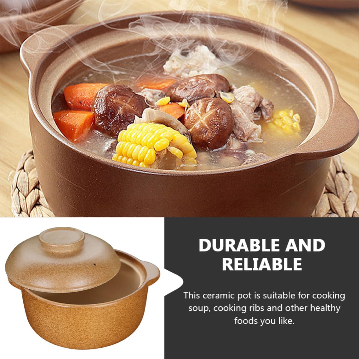 Zerodeko Marmite en Céramique Marron Couvercle, Cocotte pour Cuisson de Soupe et Côtes, Rétention de Chaleur et Poignée Anti-brûlure, Ustensile Cuisine Maison