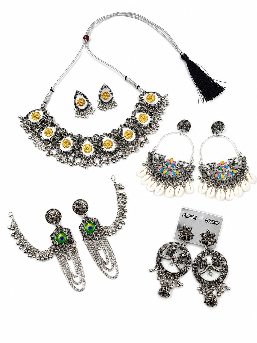 AARIKAA 'S Women's Antique Oxidized Silver Jewelry Set | Statement Necklace with Matching Earrings Plus 3 Pairs of Designer Oxidized Earrings | Traditional Tribal Bohemian Ethnic Fashion Jewelry with Pearl, Enamel, Peacock Eye and Bird Design for Saree, Kurti, Lehenga, Wedding, Festival.-image-14