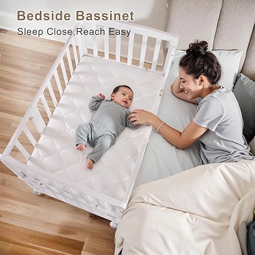 Miniatura 3 de Cuna para bebé Flwrgirl - Cuna de noche portátil de madera de pino con colchón, 3 alturas, mini cuna pequeña, cuna de bebé para recién nacidos,