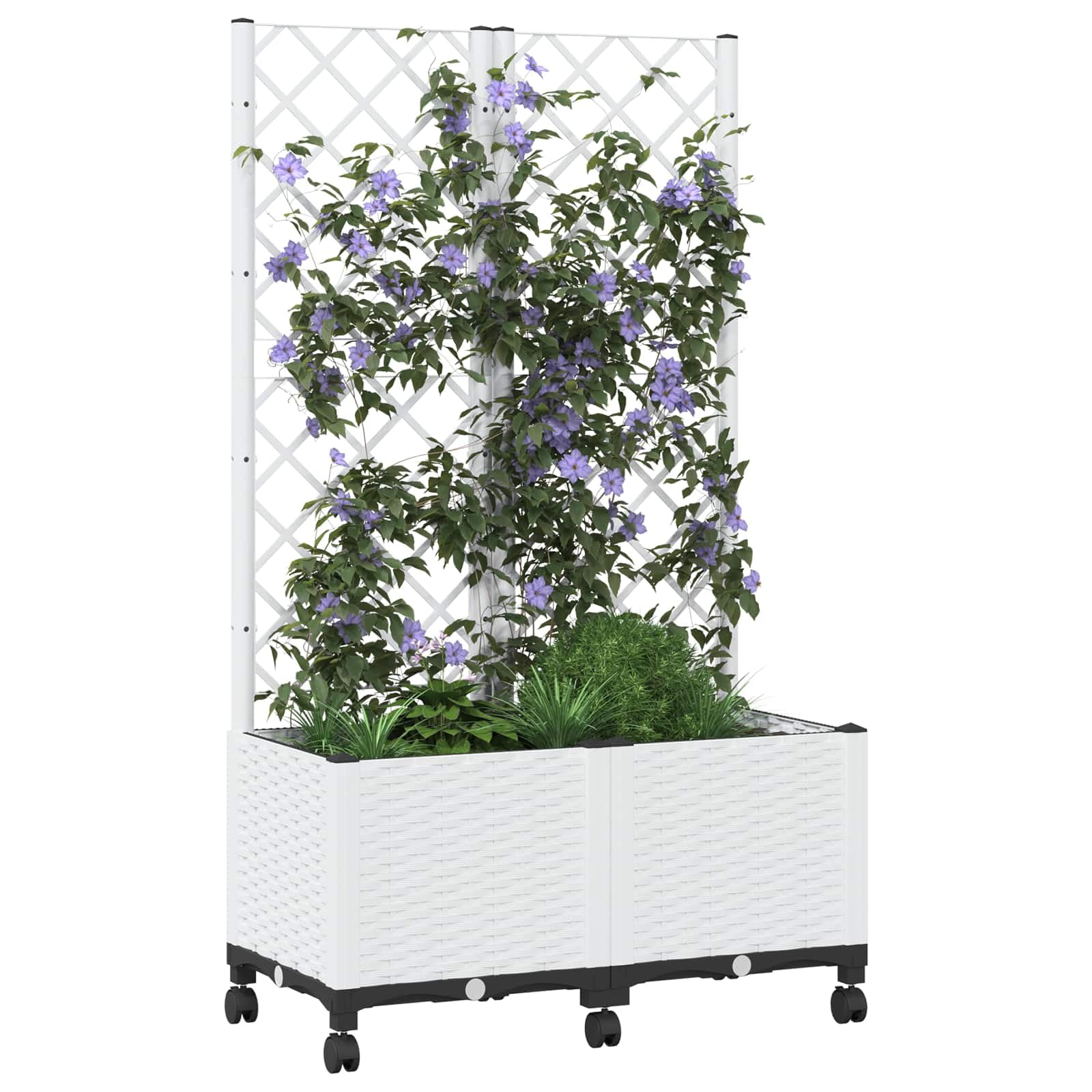 Biała donica na rośliny z pergolą i kółkami z polipropylenu, 80 x 40 x 146 cm, odporna na warunki atmosferyczne, z otworami odpływowymi, na balkon, taras, do ogrodu, ziół, warzyw, kwiatów