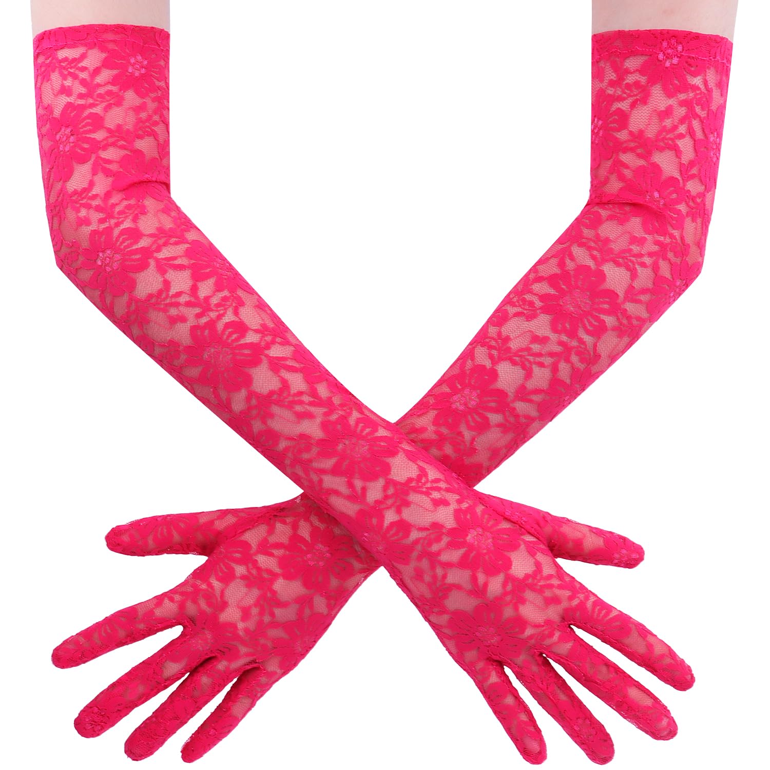 Brimekichio Hot Pink Lace Gloves, Ladies Long Pink Gloves Women Tea Party Elegant Costume Accessories