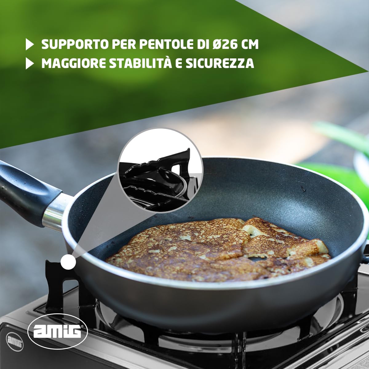 Amig - Fornello da campeggio a gas CAMP01 - Cucina portatile - 2,2 kW di potenza - Paravento e supporto per padella - Certificazione CE - Compatibile con cartucce CP-250 - Per campeggio ed escursioni