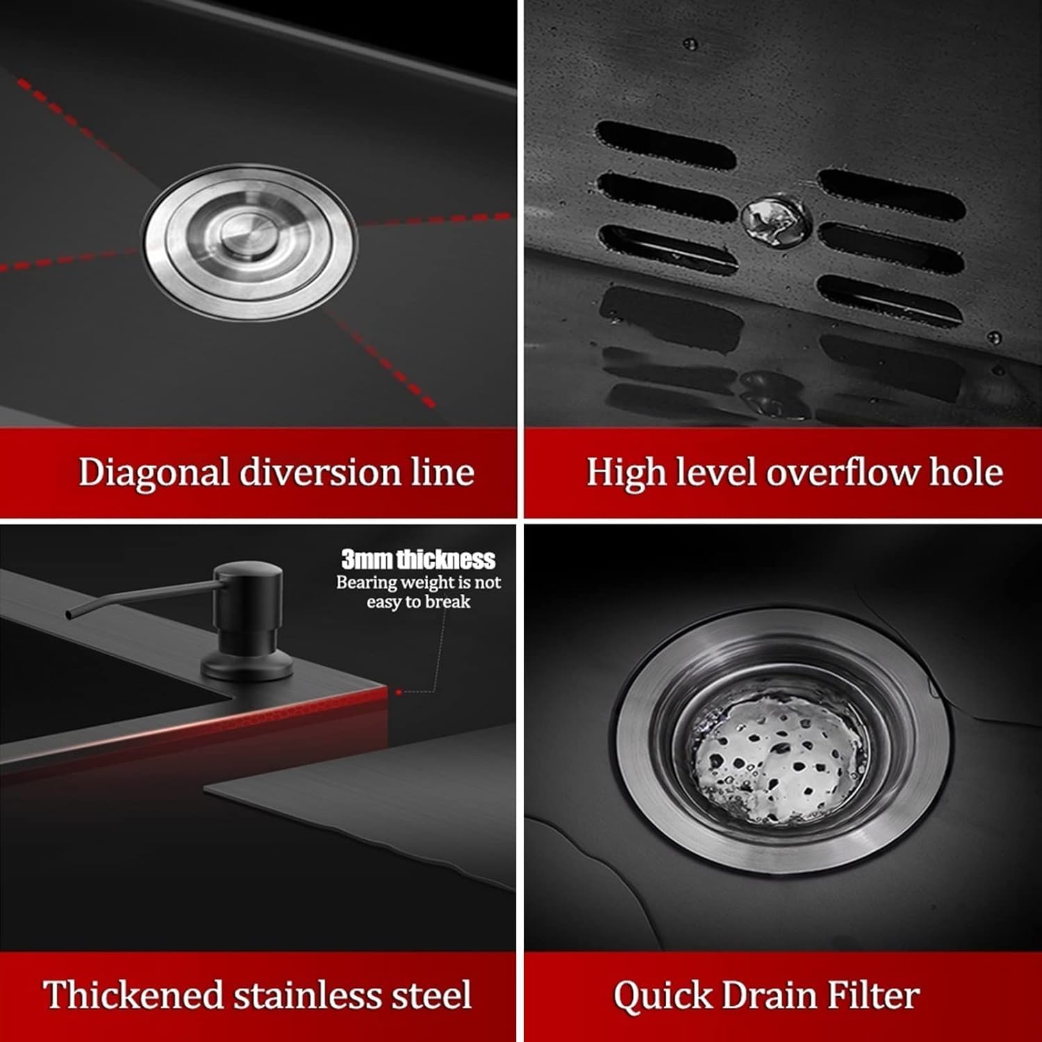 Kitchen Sink,Square with Pull-Out Faucet Bar Prep Sink, Black Grey Thickened 304 Stainless Steel Sink, Drop-in Or Undermount Installation (Black 50x40cm)
