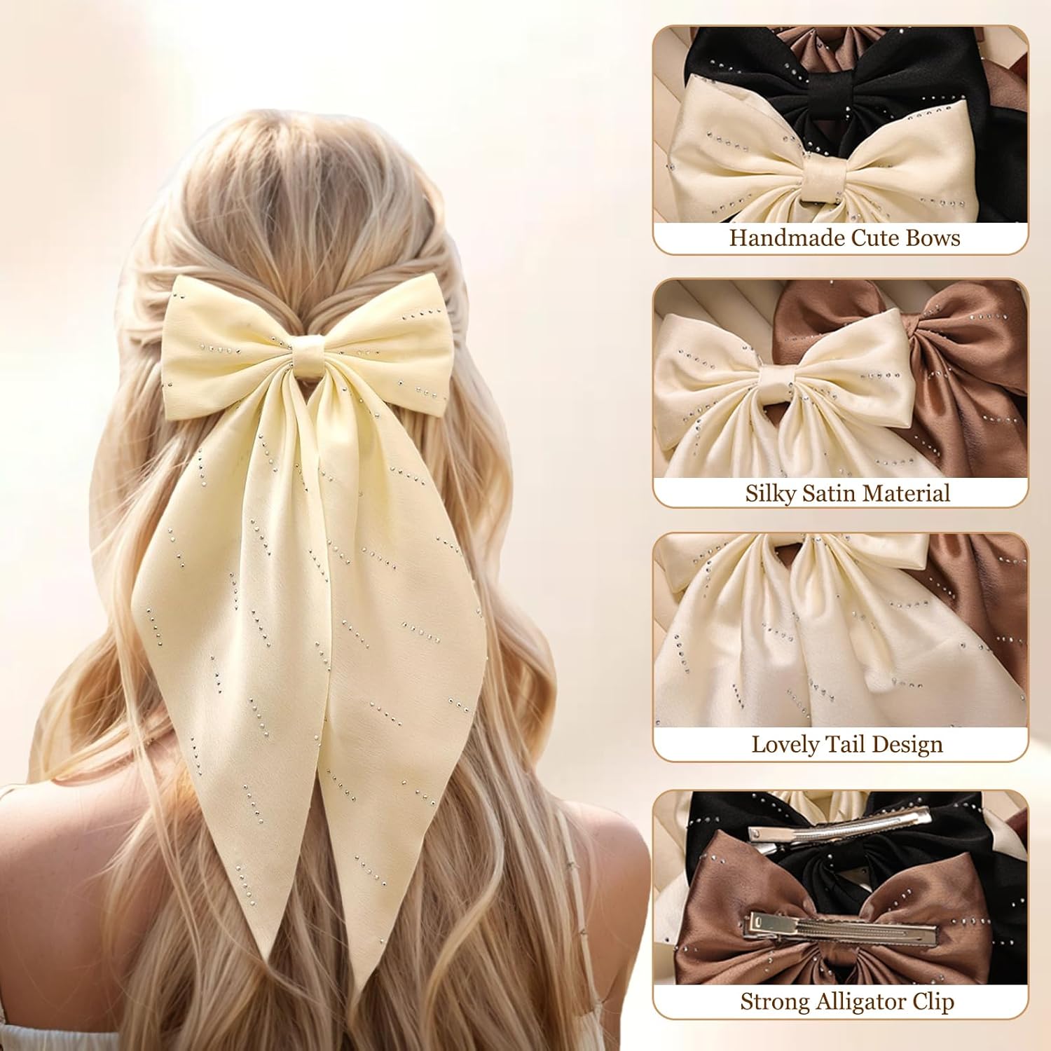 3 PCS Bow Hair Clip for Women,Large Hair Bow Clips Long Tail Ribbons,Silky Satin Bowknot Metal Barrettes with Crystal,Big Hair Bows Hair Accessories Neutral Color - Image 3