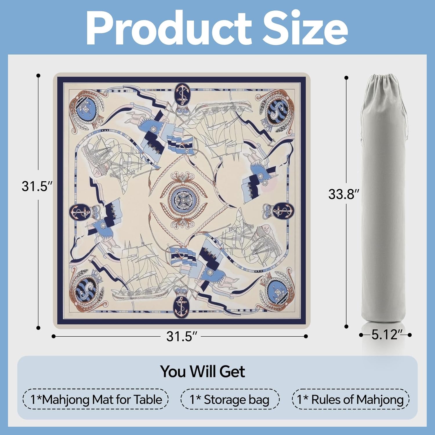 31.5"x31.5"Mahjong Mat for Table- Non-Slip Waterproof Surface Noise Reduction Foldable Table Mat with Storage Bag & Game Rules，Ready to Use，Easy to Store and Organize Yellow Boat Pattern