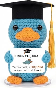 Positive Crochet Animals Platypus Graduation Gift - Funny Knitted Stuffed Toy with Cap & Card, Cute Class of 2026 Gifts for College High School Grads Him Her Daughter Son, Emotional Support