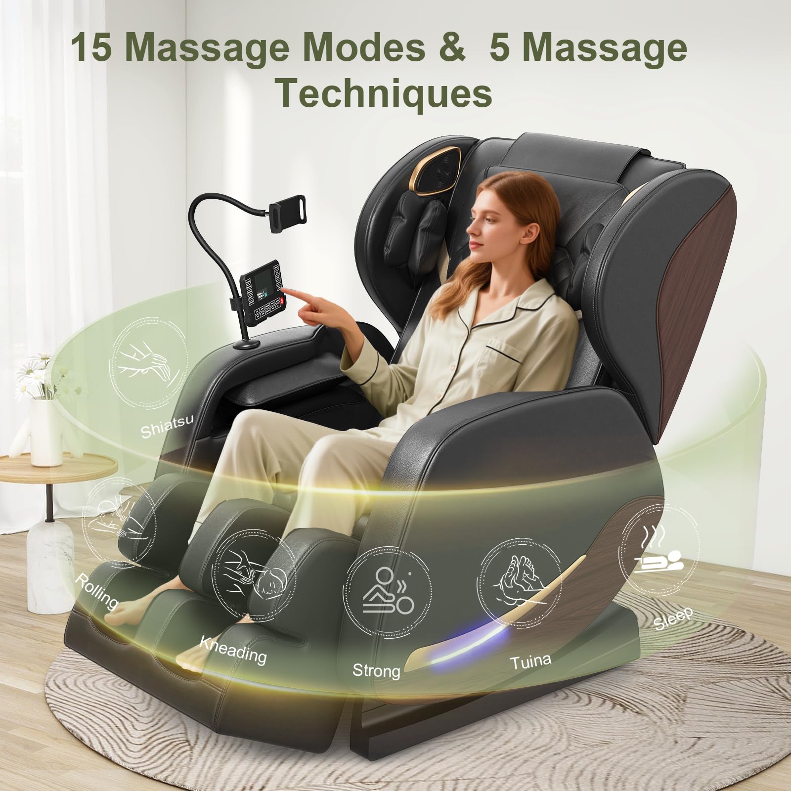 Sillón de Masaje,14 Rodillos de Masaje,Calefacción Lumbar,8 Bolsas de Aire,Altavoz Bluetooth,Controlador de Pantalla Táctil,Sillón Reclinable de Gravedad Cero para Cine en Casa (Negro)