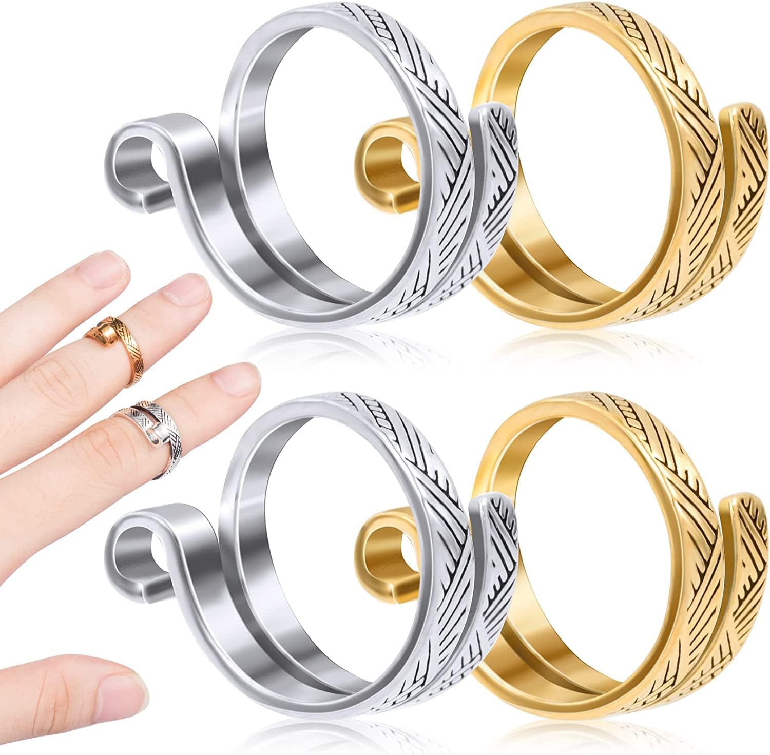 – SYOSI 4 Pack Knitting Crochet Loop Ring for Fingers, Adjustable Crochet Tension Ring, Metal Open Yarn Guide Finger Holders, Knitting Thimbles for Crochet- 2 Gold & 2 Silver