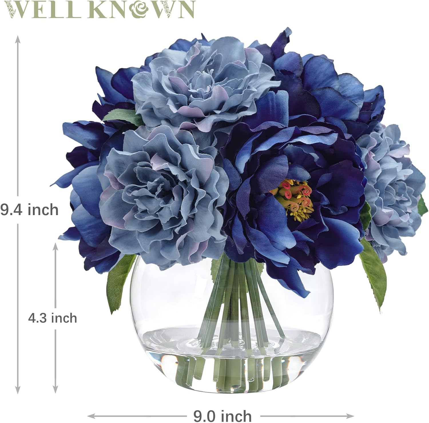 WELL KNOWN Artificial Flowers in Vase, Silk Blue Peonies for Vase with Faux Water, Fake Flower Arrangements for Winter Spring Home Coffee Dining Table Decor Wedding Centerpieces & Christmas Mom's Gift - Image 6