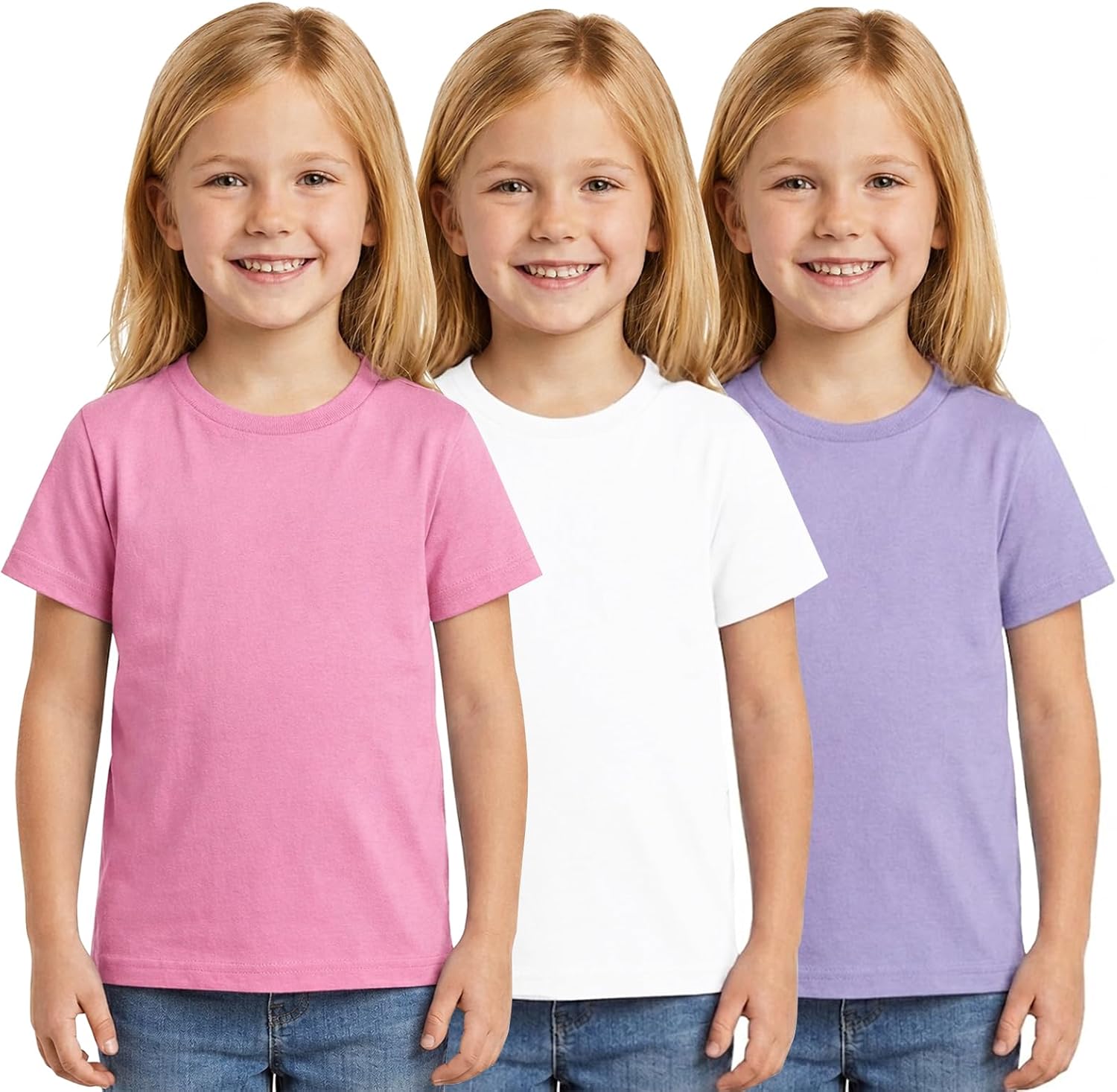 LOOKFACE Kids 3-Pack Solid Short Sleeve T-Shirt 100% Cotton Soft Crewneck Undershirts for Toddler Boys and Girls