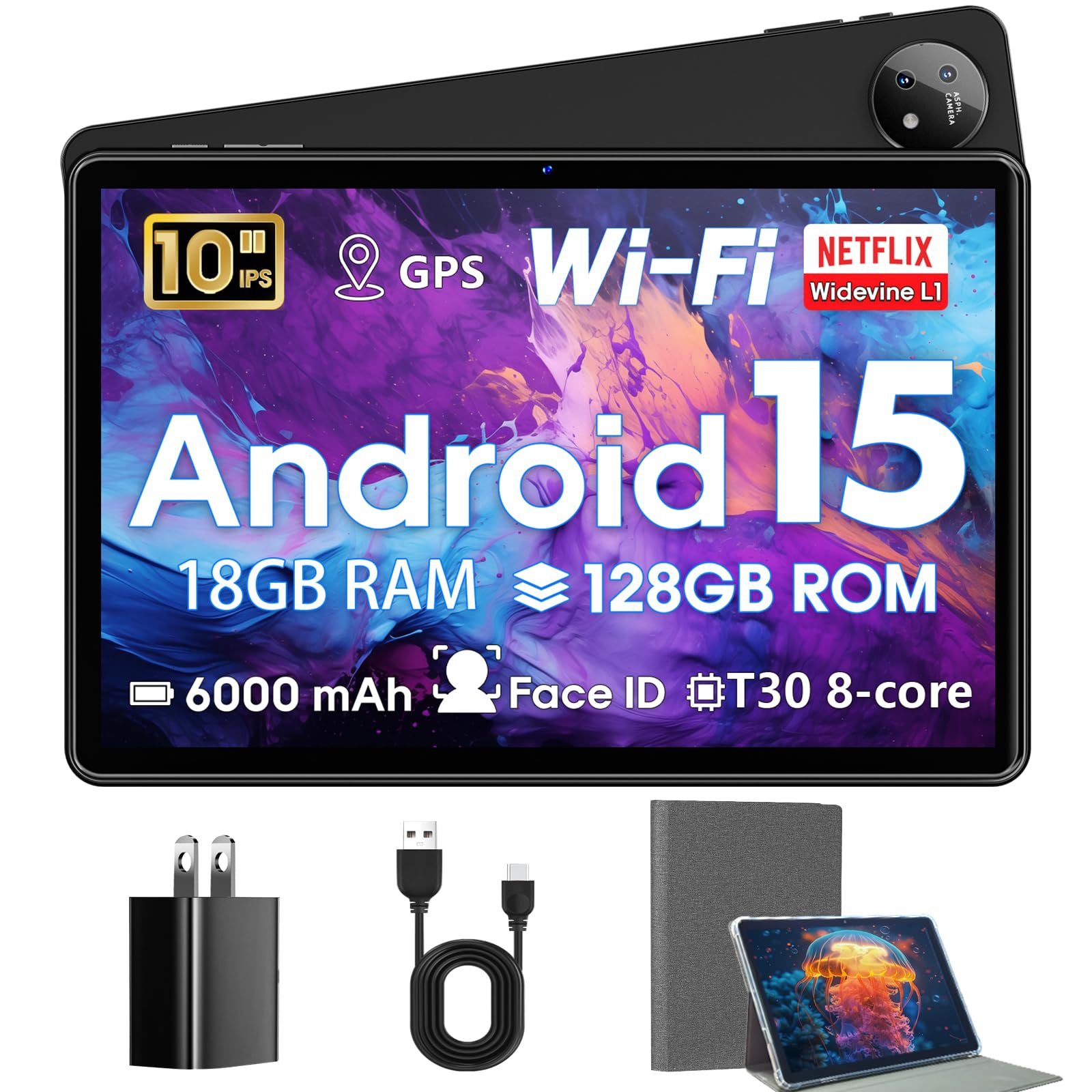 10" Android 15 Tablet with Case, 18GB + 128GB, 1TB Expansion, Octa-Core Compatible Widevine L1 Tablet with WiFi 5, 6000mAh, T310 CPU, High Performance, Processor-image-26