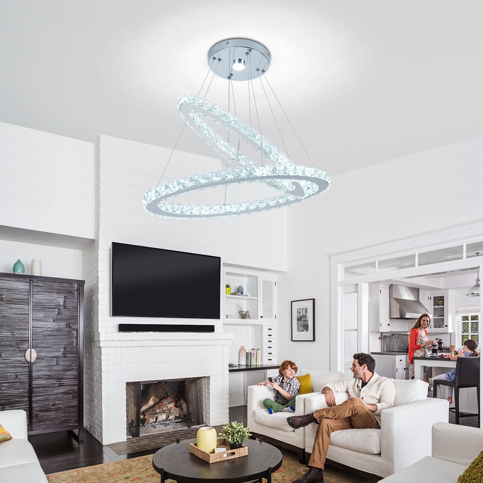Lampadario Ovale in Cristallo da 60 cm, Lampada a Sospensione LED a 2 Anelli Bianca Fredda Illuminazione per Soffitto per Isola Cucina Sala da Pranzo Soggiorno e Camera da Letto