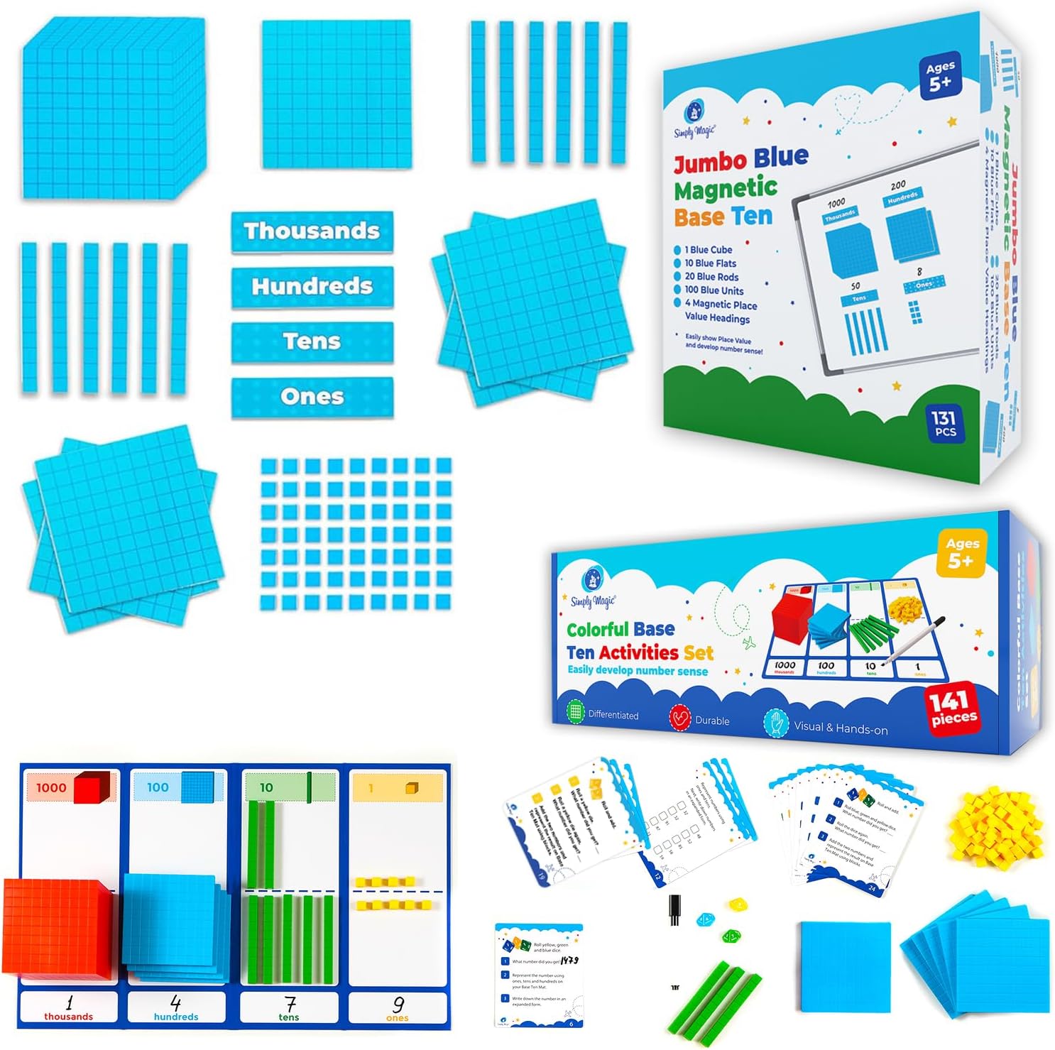 Simply Magic 141 PCS Base Ten Blocks + Headings & 141 PCS Base Ten Blocks for Math