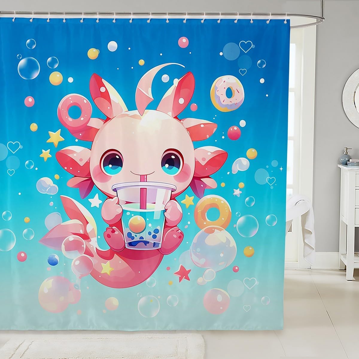 Kawaii Axolotl Waterproof Shower Curtains Luxury Heavy Fabric Bathroom Shower Curtain Cartoon Salamander Hotel Home Dorm Bathtubs Decor Shower Curtain Machine Washable Grommet Curtain 72 x 84 Inch