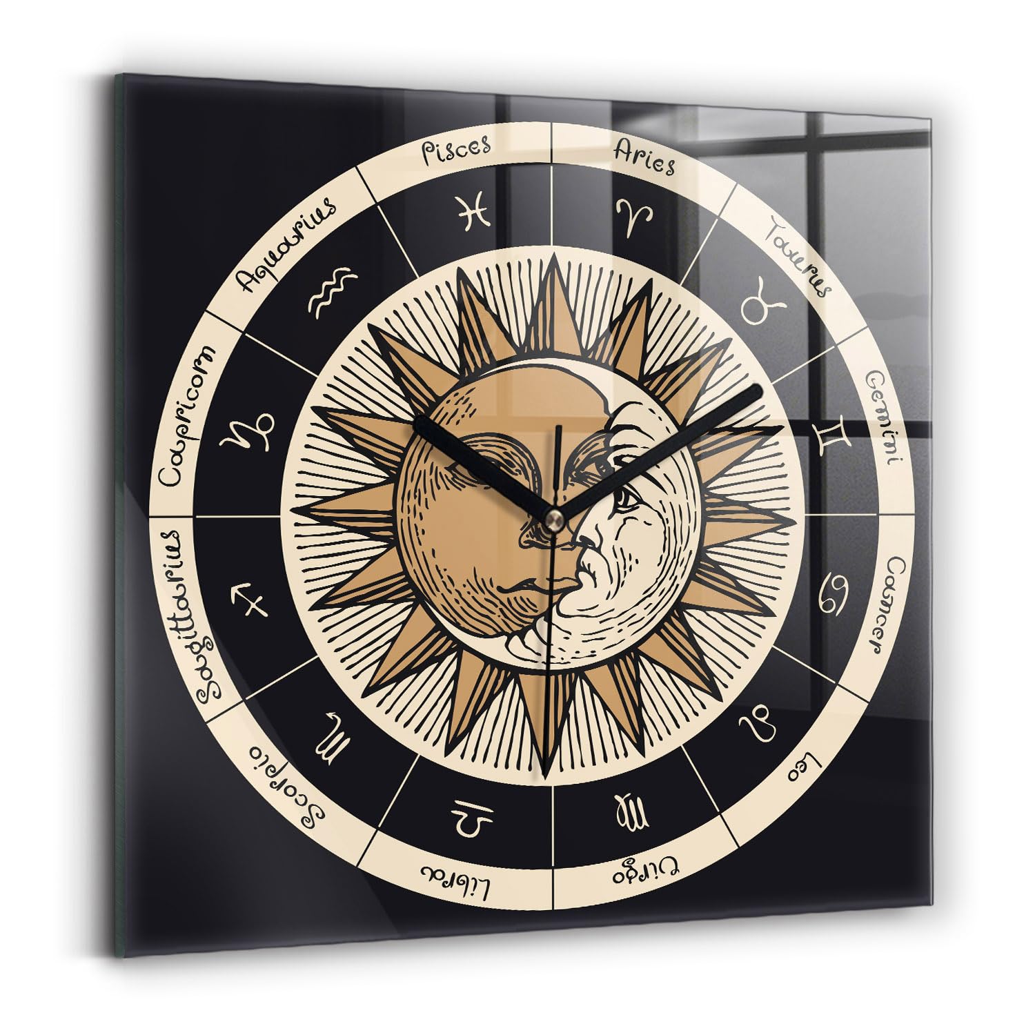 Horloge murale mécanisme silencieux 30x30 cm à affichage analogique et motif zodiaque